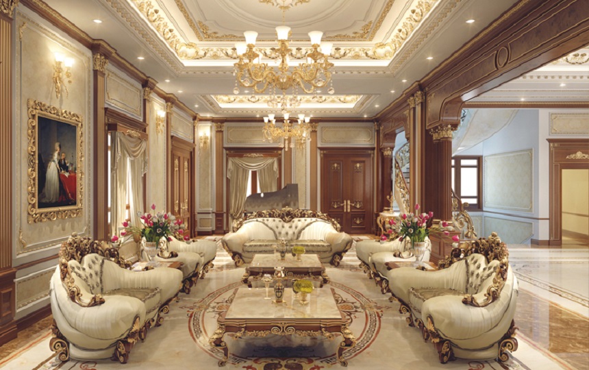 Thiết kế nội thất phòng khách phong cách cổ điển sang trọng cổ điển